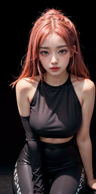 (((actual))) photo, masterpiece, best quality, 1 girl, thin waist, best quality, pale skin, black background, (Detailed face and eyes:1.1), smug, blush, ((Shy)), Extremely delicate and beautiful girl, dynamic poses, (to8 contrast style), large breast, leggings