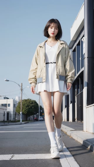 1girl, solo, looking at viewer, short hair, bangs, black hair, long sleeves, dress, holding, brown eyes, standing, jacket, full body, outdoors, parted lips, open clothes, sky, shoes, day, socks, cloud, white dress, open jacket, blue sky, lips, from below, building, sneakers, walking
