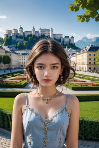Masterpiece, highest quality, hyper-realistic photo of 1 girl, solo, wearing an elegant dress, facing the camera, decorated with small earrings and necklace, against the backdrop of Salzburg Mirabell Gardens. Rule of Thirds composition, 32k Ultra HD resolution, sharp focus, high contrast and chiaroscuro lighting.