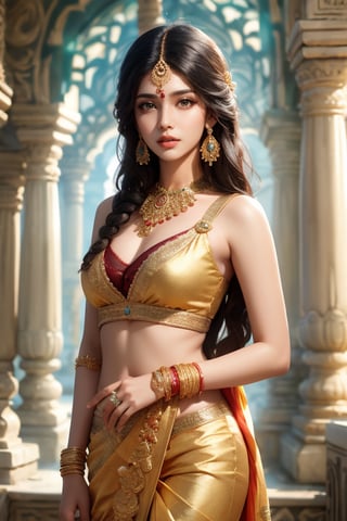 Indian model stands in front of an ancient temple with intricately carved stone pillars and arches in the background. She wore a gorgeous golden silk saree with jasmine flowers in her braids, a bindi and earrings, and golden bangles on her wrists. Her eyes are deep and the scene is solemn, showing the timeless beauty of India's ancient culture.