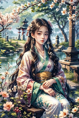 1 girl, with delicate features, wearing a traditional kimono with soft pink and white floral patterns and flowers in her hair. Sitting under a tree, whose branches form a natural canopy of a lake, a Japanese shrine, her serene expression casts dappled sunlight, embodying tranquil beauty and divine grace.,CrclWc