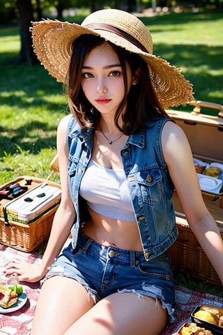 Masterpiece, hdr, high resolution, best quality, a girl wearing a straw hat, vest, midriff, denim shorts, facing the camera, cross-legged sitting, having a picnic on the grass in the park. Picnic mat, lunch box, drinks, sandwiches.