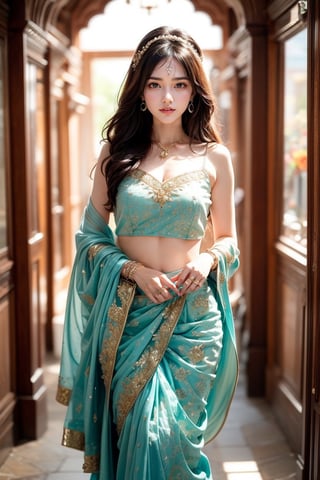 A woman wearing a traditional Indian sari and traditional jewelry looks at the camera and stands in the corridor. The soft sunlight illuminates the image, which highlights the beauty of the combination of traditional clothing and flowers.