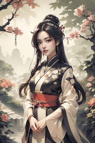 Masterpiece, HDR, UHD, Unreal Engine. Traditional art, 1 girl, wearing Hanfu, beautiful face, delicate, fair skin, looking at the camera, Chinese garden, plum tree, daytime, ethereal light, complex and delicate, gorgeous light and shadow, exquisite decoration, meticulous lines.,Colors,chinkstyle,fengjing1