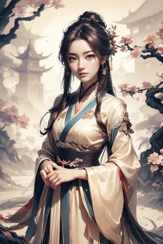 Masterpiece, HDR, UHD, Unreal Engine. Traditional art, 1 girl, wearing Hanfu, beautiful face, delicate, fair skin, looking at the camera, Chinese garden, plum tree, daytime, ethereal light, complex and delicate, gorgeous light and shadow, exquisite decoration, meticulous lines.,Colors,chinkstyle,fengjing1