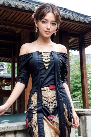 masterpiece, best quality, 16K HDR, 1 girl, solo, beautiful detailed eyes, bun, natural soft light, exquisite facial features, smile, looking at viewer, wearing off-shoulder new style Javanese clothing, elegant model pose, outdoor, Temple background,kebaya