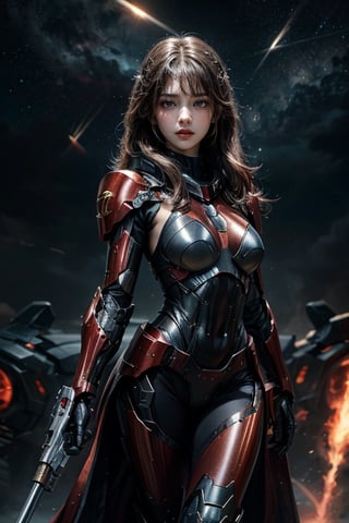 Masterpiece, best quality, super resolution, 1girl, future soldier, solo, long brown hair, delicate facial features, looking at the audience, mecha, weapons, starry sky background, concept art, perfect composition.