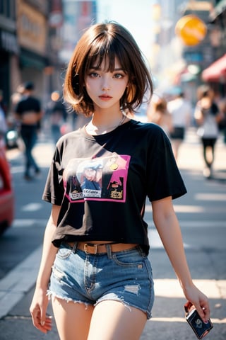 1girl , solo, with short brown hair, bangs, wearing a cartoon graphic T-shirt and denim shorts, cowboy_shot, girl sharp focus, bokeh,  perfect composition., 