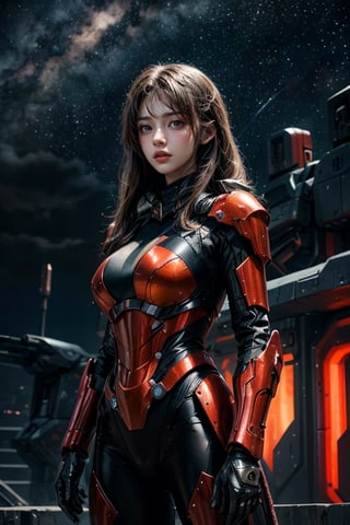 Masterpiece, best quality, super resolution, 1girl, future soldier, solo, long brown hair, delicate facial features, looking at the audience, mecha, weapons, starry sky background, concept art, perfect composition.