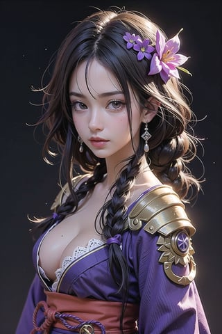 cosplay, thunder shogun, braids, medium breasts, hair flower, looking at viewer, long hair, purple hair, ribbon, mole, shut up, purple flower, shoulder armor, japanese clothing, hair accessory, kimono, flower, armor, Solo, purple eyes, cleavage, purple kimono, 1girl, upper body,raiden_shogun_genshin,midjourney,1 girl