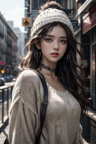 Ultra-realistic,  16K,  digital art, cinematic lighting, HDR, vibrant colors,  a beautiful girl with long black hair and brown eyes, wearing a white knit sweater, beanie, choker collar. High-detail, photorealistic, trending on ArtStation.