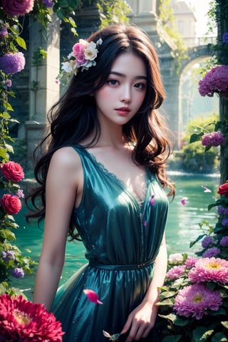 Masterpiece, best quality, super detailed, high resolution, 1girl, exquisite facial features, solo, outdoor, tulle dress, upper body, fantasy world, lush plants, colorful flowers, beautiful lake, light particles, petals scattered, splash ,float.