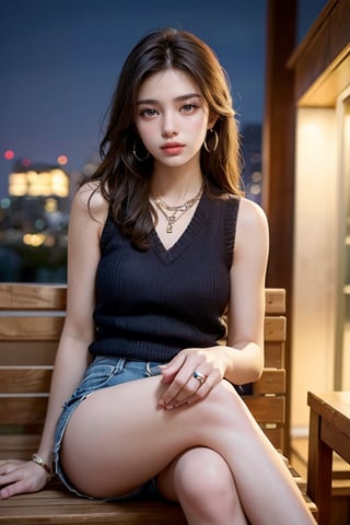 Masterpiece, boutique, 32k, hyper-realistic, 1 girl, exquisite facial features, long dark brown hair wearing a beige knitted sleeveless vest, necklace, small earrings, denim shorts, crossed legs, sitting on the outdoor terrace, distant city night view, wide angle, Sharp and ultra-realistic.