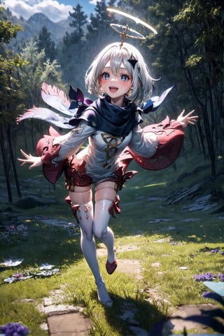 a girl in the forest in a shirt and cape, blush, smile, short hair, open mouth, bangs, blue eyes, tights, long sleeves, dress, hair between the eyes, white hair, :d, sky, day, cloud, scarf, white dress, white thigh, blue sky, halo, single thigh, waving, halo on head, floating in the air, paimon, golden details on clothes, (genshin impact),(((FULL BODY)))
photon mapping
more details
16k, HDR, cg, 3d, maintains maximum image details, photography, high resolution, Anti Aliasing,