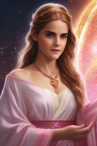  Emma Watson as magic healer goddess, long hair, white and pink cloth, D&D, shiny background, intricate, elegant, highly detailed, digital painting, artstation, concept art, smooth, sharp focus, illustration, .shot on Kodak Gold 400, photo realistic  