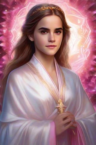  Emma Watson as magic healer goddess, long hair, white and pink cloth, D&D, shiny background, intricate, elegant, highly detailed, digital painting, artstation, concept art, smooth, sharp focus, illustration, .shot on Kodak Gold 400, photo realistic  