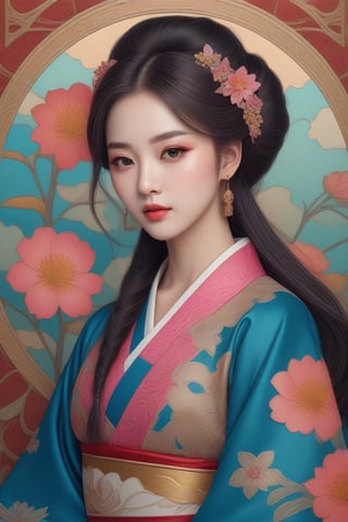 Classical tarot card style, Art Nouveau, Alex Solis style, Abstract, Anime, colored pencil drawing style with a rough texture, Korean traditional queen hanbok, Photography Realistic of Perfect face, A very beautiful Korean girl, Glamorous, Look ahead, Perfect full body, Perfect figure, perfect finger, Women are surrounded by complex designs and colorful flowers in traditional Korean patterns, Background is reminiscent of stained glass or elaborate metalwork,<lora:659095807385103906:1.0>