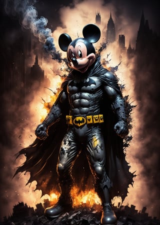 Masterpiece, highly detailed, mickey mouse wearing batman costume, standing in gotham city, dark, gritty, smoke in background, fire, explosion