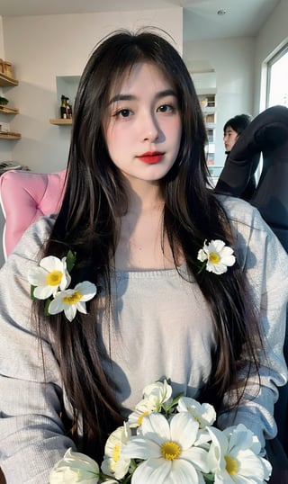 1girl, solo, long hair, looking at viewer, bangs, black hair, hair ornament, holding, upper body, flower, hair flower, blurry, sweater, lips, sleeves past wrists, watermark, white flower, bouquet, realistic
