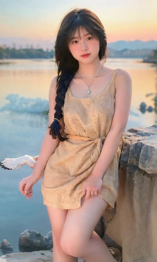 (Masterpiece, top quality, perfect anatomy,16K), cute girl with eagle on her arm, ((full body view)), front view, standing on rock, compact glamour, white beautiful skin, detailed and beautiful face, big eyes, shy smile, sexy lips, pale white skin, long shiny chestnut hair braided on right side, beautiful eyes, clear shining eyes, colorful Aztec patterned clothes, ethnic clothes, necklace, bracelet, ((5 fingers)), bald eagle perched on her arm, blue sky and clouds background