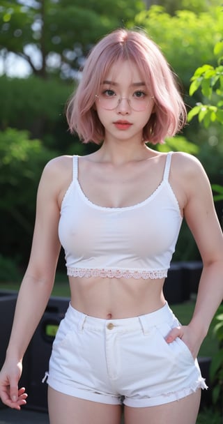(Shoulder-length light pink hair:The pixie cut is short and stylish, combined with jet pink for a strong and modern look.)
round face,cute,
large breasts, large thighs 
cleavage, small waist, ripped abs, navel piercing 
upper body, portrait 
details hair, details body
tanktop, skirt,white shorts,(lace shorts)
glasses
(hands in pockets) 
looking at viewer 
depth of field 
green background 