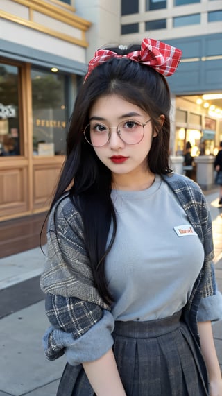 photo of a natural 18 year old korean girl standing at disneyland, wearing a school uniform, light blue shirt, red and black plaid pleated skirt, white headband, long black hair, glasses,