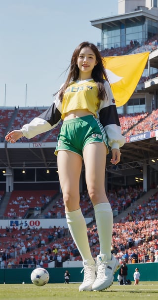 In the middle of a vast, brightly lit stadium, a girl stands out in her Brazilian national team football uniform. She wears the traditional yellow jersey with green trim, the team logo and number prominently displayed on her chest. The jersey fits snugly, highlighting her athletic and dynamic figure. Her shorts are green, paired with white socks and white football boots featuring green stripes.

The girl sits comfortably on a football, her left leg slightly bent with her foot touching the ground while her right leg is extended, resting on the ball. Her long hair falls naturally, with a few strands gently swaying in the breeze. Her face is lit up with a radiant smile, her bright eyes reflecting joy and excitement.

Surrounding her is the expansive stadium with towering stands, rows of seats stretching out, and colorful flags waving in the wind. Bathed in golden sunlight, the girl and the football seem to be the center of this small universe, exuding a sense of vitality and passion for the sport.from below 