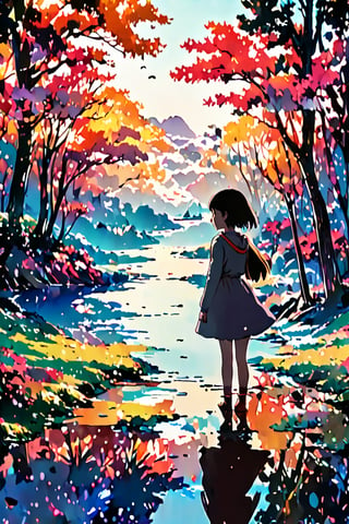 Silhouette of a girl in a scenery of a magical world, fantastic scenery of another world, close-up, double exposure, white background, vibrant colors, Studio Ghibli, StdGBRedmAF, lineart