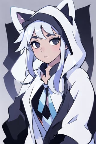 (best quality:1.1),   1girl, animal hood,hood up, dog hoodie, black hoodie, white hair, black eyes, hairband, blue ascot, hair ribbon, hot pant, white boots,