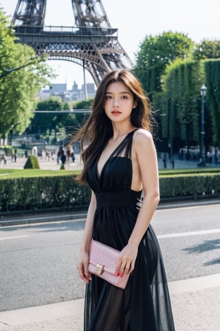 1 girl, high_resolution, half_body, high details, realistics, Wear a fashion black dress, At the Eiffel Tower, pink long_hair, clutch bag.
