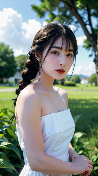 1girl, solo, long hair, looking at viewer, bangs, brown hair, dress, brown eyes, upper body, braid, outdoors, parted lips, sky, day, cloud, blunt bangs, white dress, twin braids, blue sky, lips, grass, hair over shoulder, realistic