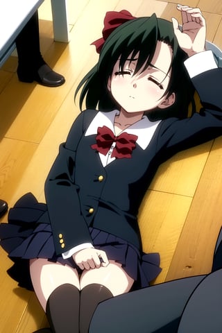 Highly detailed, High Quality, Masterpiece, beautiful,
BREAK 1girl, solo, (young woman), (16 old), setsuna kiyoura, black hair, (closed eyes:1.5), hair bow, red bow, short hair,
BREAK skirt, thighhighs, school uniform, shoes, black thighhighs, zettai ryouiki, bow, red bow, black long sleeve vest,
BREAK indoors, classroom,
BREAK looking_at_viewer, (lying:1.8), focus waist, upper_body,