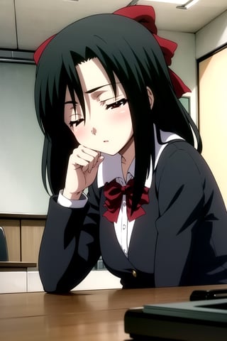 A masterpiece of Japanese pop art, a beautiful young woman, Setuna Kiyoura, lies on her stomach in a classroom, gazing directly at the viewer with closed eyes. Her short black hair is tied back with a red hair bow, complemented by a matching red bow adorning her vest. The school uniform's black long-sleeve vest and skirt are paired with thigh-high socks, black shoes, and a hint of zettai ryouiki. The indoor setting provides a cozy atmosphere, with the subject's focused expression drawing the viewer in.