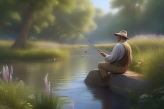 masterpiece,best quality,8k,high detail,A Tranquiil stream with gentle ripples on the surface,a mansitting by the bank,holding a fishing rod,his eyes focused on the water,a few wildflowers swaying gently in the breeze around him,birds singing cheerfully in the trees overhead,all in ultra-high detailed quality.