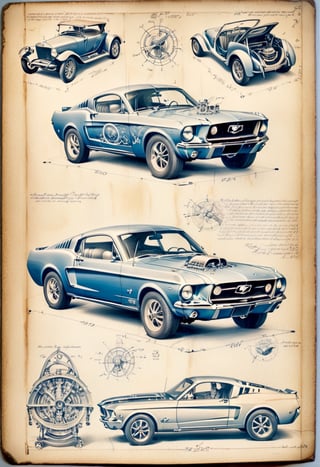 Leonardo DaVinci's art style on the theme of original Ford Mustang and parts on the style of Technical drawing and isometric views, colors only available during the Renaissance era, golden ratio,6000,Magical Fantasy style, pencil drawing ,tintime,cyanotime