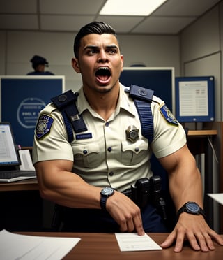 An abandoned police station, a muscular zombified LAPD male officer young Ronaldo
A low angle professional photo of messy duty room. There are many burly handsome Indonesian LAPD Policemen in navy summer uniform and a watch transform be a zombiie with Whiten eyes, raged, screaming out with a sliime foam from his mouth. Caused by sudden cardiac arrest. They're so weak on their working desk with head leaning on the back seat
handsome male,Portrait,
