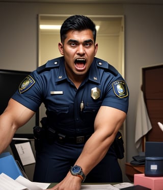 An abandoned police station, a muscular zombified LAPD male officer young Kaka
A low angle professional photo of messy duty room. There are many burly handsome Indonesian LAPD Policemen in navy summer uniform and a watch transform be a zombiie with Whiten eyes, raged, screaming out with a sliime foam from his mouth. Caused by sudden cardiac arrest. They're so weak on their working desk with head leaning on the back seat
handsome male,Portrait,
