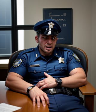 professional photo, on the messy working chair, the burly arabian, a burly muscular young gay man LAPD zombies policemen in ultra dark blue short sleeved uniform, ultra dark blue trousers, and wearing a watch has been stiff. flesh fall off his body, sprawled out on, opened eyes to death passed out a month, pale, bloody, decomposed body fluid leaking from his body, rotten, swollen, bleeding wounded, bleeding foam and vomit  his opened mouth, his body leaning on the meeting table with tilted head to left in their ultra Dark blue LAPD short sleeved summer uniform, adorned with a watch, pale bleeding wound, with cracked head, and their once white eyes, in his ultra Dark blue LAPD short sleeved uniform, adorned with a watch, close-up portrait
handsome male,Portrait,
