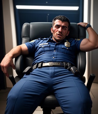 professional photo, on the messy working chair, the burly arabian, a burly muscular young gay man LAPD zombies policemen in ultra dark blue short sleeved uniform, ultra dark blue trousers, and wearing a watch has been stiff. flesh fall off his body, sprawled out on, opened eyes to death passed out a month, pale, bloody, decomposed body fluid leaking from his body, rotten, swollen, bleeding wounded, bleeding foam and vomit  his opened mouth, tilted head to left in their ultra Dark blue LAPD short sleeved summer uniform, adorned with a watch, pale bleeding wound, with cracked head, and their once white eyes, in his ultra Dark blue LAPD short sleeved uniform, adorned with a watch, close-up portrait
handsome male,Portrait,
