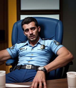 professional photo, on the messy working chair, the burly arabian, a burly muscular young gay man LAPD zombies policemen in ultra dark blue short sleeved uniform, ultra dark blue trousers, and wearing a watch has been stiff. flesh fall off his body, sprawled out on, opened eyes to death passed out a month, pale, bloody, decomposed body fluid leaking from his body, rotten, swollen, bleeding wounded, bleeding foam and vomit  his opened mouth, his body leaning on the meeting table with tilted head to left in their ultra Dark blue LAPD short sleeved summer uniform, adorned with a watch, pale bleeding wound, with cracked head, and their once white eyes, in his ultra Dark blue LAPD short sleeved uniform, adorned with a watch, close-up portrait
handsome male,Portrait,
