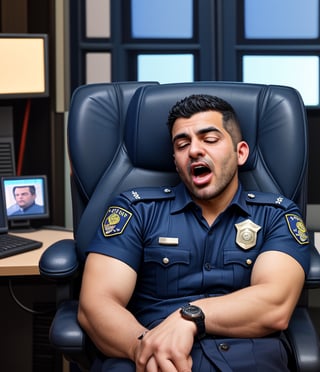 professional photo, on the messy working chair, the burly arabian 35's years old officers LAPD policemen with short hair, wearing navy blue short sleeve uniform and a watch passed out caused by sudden cardiac arrest, with white eyes, the head facing up, and foaming mouth.
handsome male,Portrait,
