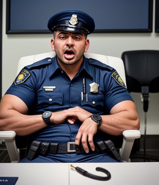 professional photo, on the messy working chair, the burly arabian 35's years old officers LAPD policemen with short hair, wearing navy blue short sleeve uniform and a watch passed out caused by sudden cardiac arrest, with white eyes, the head facing up, and foaming mouth.
handsome male,Portrait,
