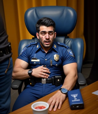 professional photo, on the messy working chair, the burly arabian, a burly muscular young gay man LAPD zombies policemen in ultra dark blue short sleeved uniform, ultra dark blue trousers, and wearing a watch has been stiff. flesh fall off his body, sprawled out on, opened eyes to death passed out a month, pale, bloody, decomposed body fluid leaking from his body, rotten, swollen, bleeding wounded, bleeding foam and vomit  his opened mouth, his body leaning on the meeting table with tilted head to left in their ultra Dark blue LAPD short sleeved summer uniform, adorned with a watch, pale bleeding wound, with cracked head, and their once white eyes, in his ultra Dark blue LAPD short sleeved uniform, adorned with a watch, close-up portrait
handsome male,Portrait,
