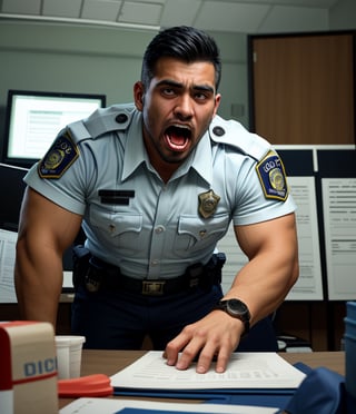 An abandoned police station, a muscular zombified LAPD male officer young Kaka
A low angle professional photo of messy duty room. There are many burly handsome Indonesian LAPD Policemen in navy summer uniform and a watch transform be a zombiie with Whiten eyes, raged, screaming out with a sliime foam from his mouth. Caused by sudden cardiac arrest. They're so weak on their working desk with head leaning on the back seat
handsome male,Portrait,
