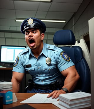 An abandoned police station, a muscular zombified LAPD male officer young Kaka
A low angle professional photo of messy duty room. There are many burly handsome Indonesian LAPD Policemen in navy summer uniform and a watch transform be a zombiie with Whiten eyes, raged, screaming out with a sliime foam from his mouth. Caused by sudden cardiac arrest. They're so weak on their working desk with head leaning on the back seat
handsome male,Portrait,
