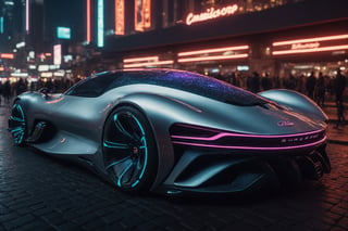 Create a cinematic film still of a futuristic cyberpunk supercar, prominently displayed in a bustling night city square. The image should exude a high-budget, epic atmosphere, with a sharp focus on the sleek, smooth lines of the car, which should be highly detailed and rendered in 4K HDR quality for stunning clarity and color depth. The city should be alive with cyberpunk aesthetics, including neon signs and holographic advertisements, captured in cinemascope to emphasize the grandeur of the setting. The mood is moody and gorgeous, with a deep depth of field to highlight the car against the blurred cityscape, accentuated by the bokeh effect of city lights. Ensure the final image is high resolution, with a balance between the sharpness of the car and the smoothness of its surroundings. Mezmerizing atmosphere.