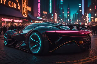 Create a cinematic film still of a futuristic cyberpunk supercar, prominently displayed in a bustling night city square. The image should exude a high-budget, epic atmosphere, with a sharp focus on the sleek, smooth lines of the car, which should be highly detailed and rendered in 4K HDR quality for stunning clarity and color depth. The city should be alive with cyberpunk aesthetics, including neon signs and holographic advertisements, captured in cinemascope to emphasize the grandeur of the setting. The mood is moody and gorgeous, with a deep depth of field to highlight the car against the blurred cityscape, accentuated by the bokeh effect of city lights. Ensure the final image is high resolution, with a balance between the sharpness of the car and the smoothness of its surroundings.