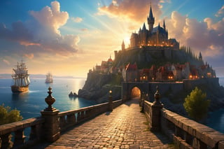 Absurdres, high detail, detailed shadows, high sharpness, balanced composition, light rays, Atmospheric, DRAMATIC FANTASY, (STYLE OF Manchess)
, EDOBHORRORLANDSCAPE, (perfect lighting:1.3)
Beautiful morning skies over a DENSE city, castle, church, seaport, docks, ships,  tavern, bridges, ocean, beach, naked teen girls  