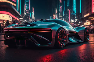 Create a cinematic film still of a futuristic cyberpunk supercar, prominently displayed in a bustling night city square. The image should exude a high-budget, epic atmosphere, with a sharp focus on the sleek, smooth lines of the car, which should be highly detailed and rendered in 4K HDR quality for stunning clarity and color depth. The city should be alive with cyberpunk aesthetics, including neon signs and holographic advertisements, captured in cinemascope to emphasize the grandeur of the setting. The mood is moody and gorgeous, with a deep depth of field to highlight the car against the blurred cityscape, accentuated by the bokeh effect of city lights. Ensure the final image is high resolution, with a balance between the sharpness of the car and the smoothness of its surroundings.