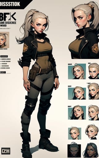 The concept character sheet of a strong, attractive, and hot warrior lady, mad max style, post apocalyptic style, dieselpunk look, dieselpunk setting, dieselpunk soldier girl, wearing techwear and armor, Cyberpunk costumes, In steampunk style, Her face is oval,  forehead is smooth and visibly rounded at the temples. jawline is softly defined,  giving her a gentle and feminine appearance, full body,  Full of details, frontal body view, back body view, Highly detailed, Depth, Many parts,((Masterpiece, Highest quality)), 8k, Detailed face (ponytail hair) (grey hair) (golden eyes), angry expression, Infographic drawing. Multiple sexy poses. tattoos,3d,SAM YANG,incase